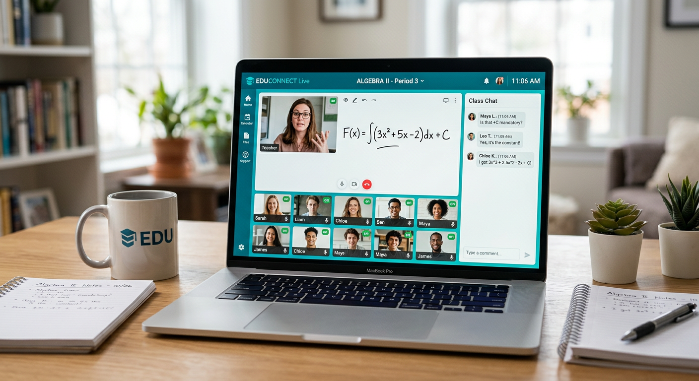 Clase en vivo en Scholaria con pizarrón digital, chat y alumnos conectados